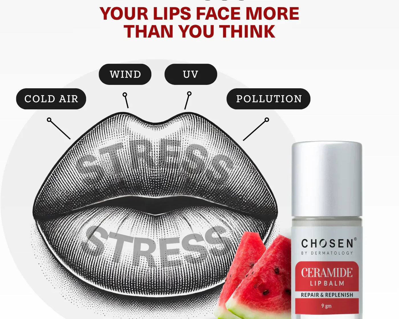 Lips with arrows showing exposome stressors like UV, wind, and pollution, protected by a transparent Ceramide Lip Balm shield.
