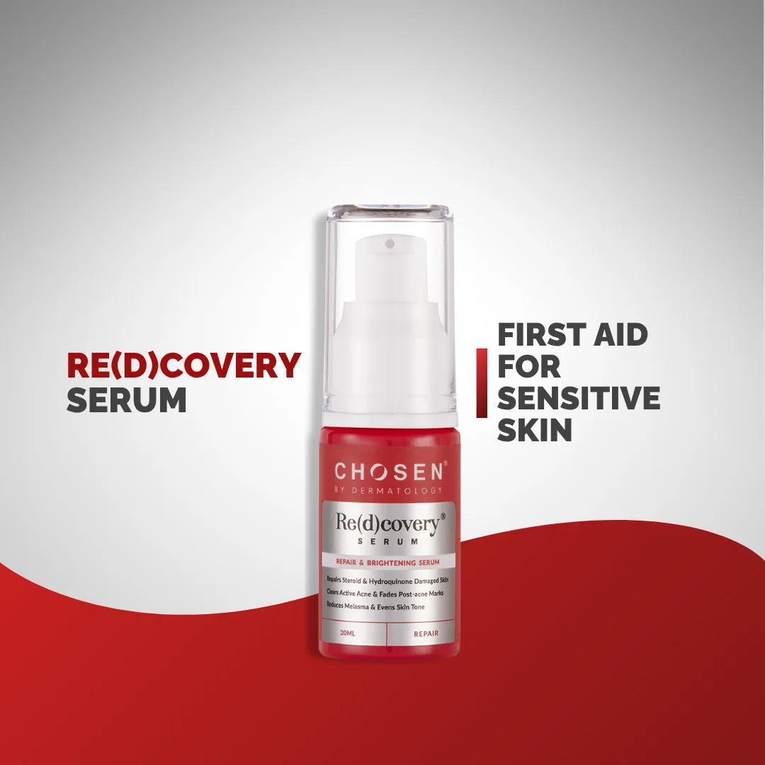 Chosen Re(d)covery Serum bottle with text on a red and gray background