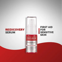 Chosen Re(d)covery Serum bottle with text on a red and gray background