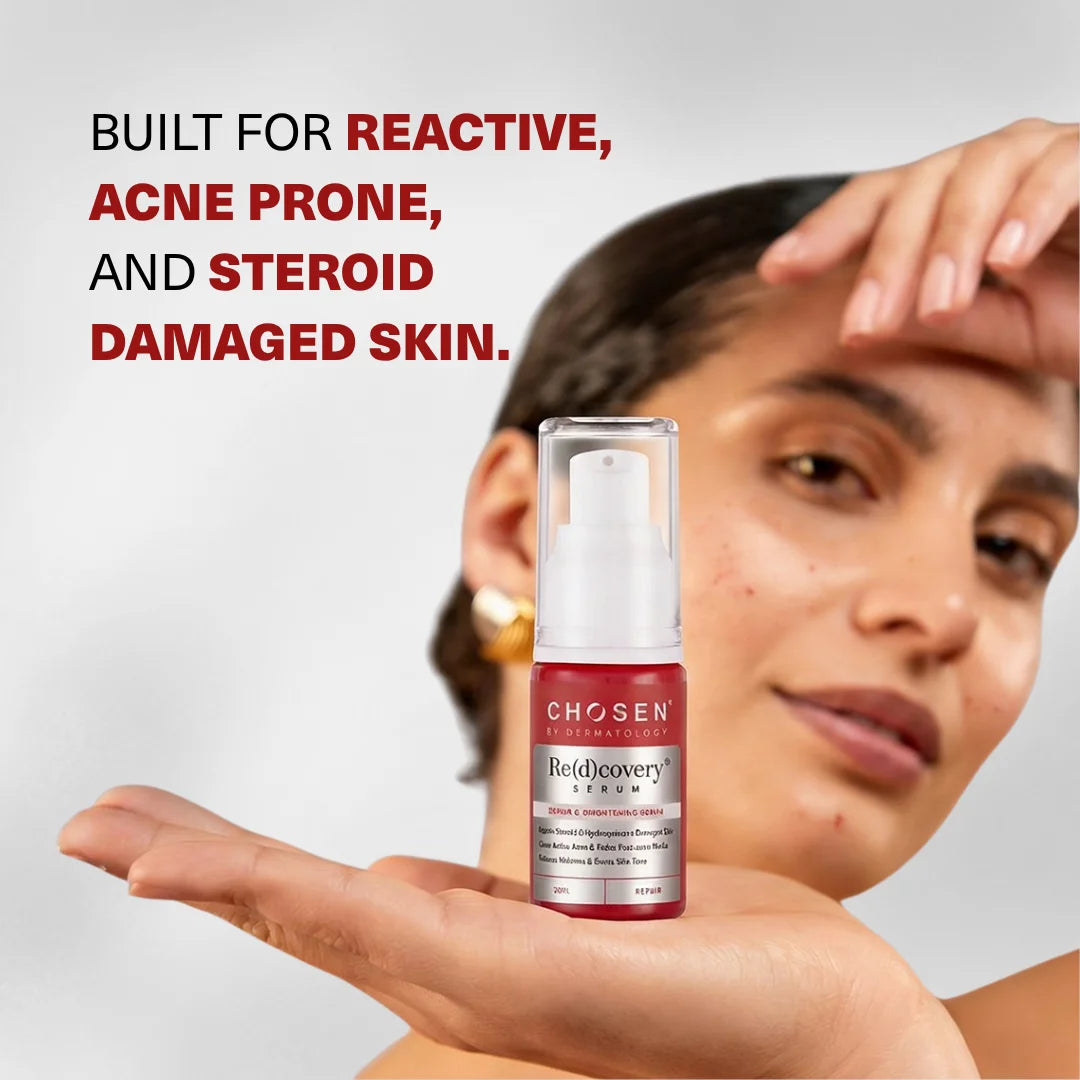 Chosen Red Recovery Serum bottle held by a person with text about skin types.