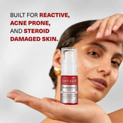 Chosen Red Recovery Serum bottle held by a person with text about skin types.