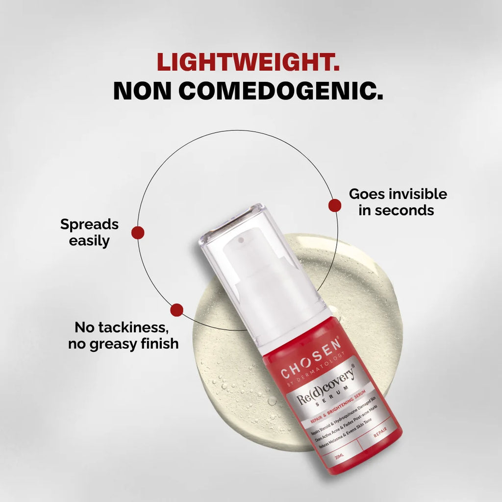 Red bottle with white cap on a gray background, featuring text about product properties.