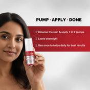 Woman holding a skincare product with usage instructions on a gray background