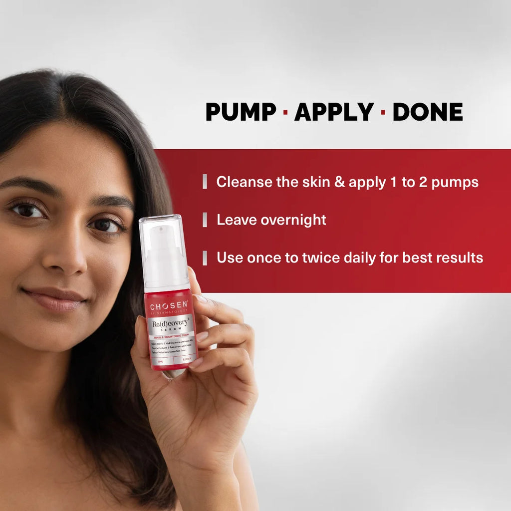 Woman holding a skincare product with usage instructions on a gray background