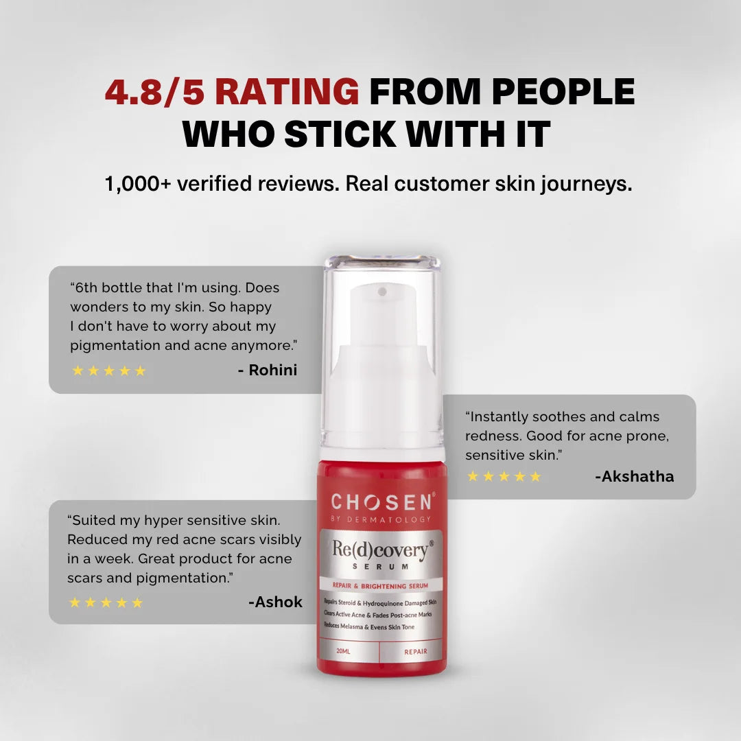 Red bottle of skincare serum with customer reviews on a gray background