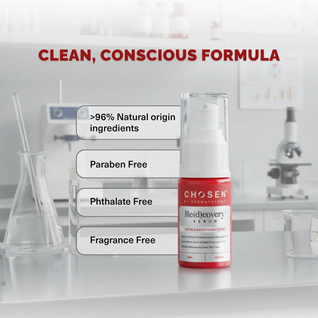 Bottle of 'Chosen' skincare product with certification labels on a laboratory background