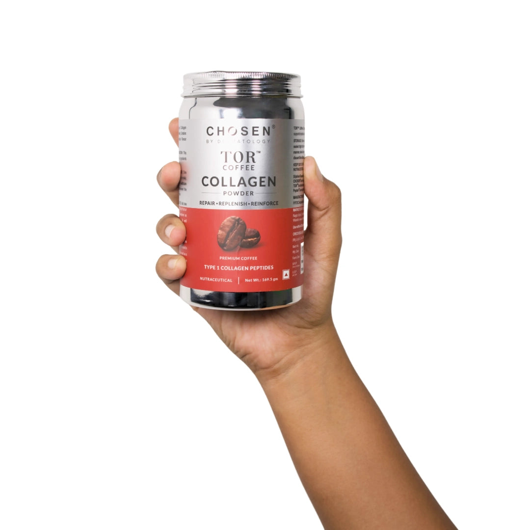 Hand holding TOR Coffee-Flavored Marine Collagen Powder tin, highlighting premium packaging and daily collagen supplement for skin health and hydration.