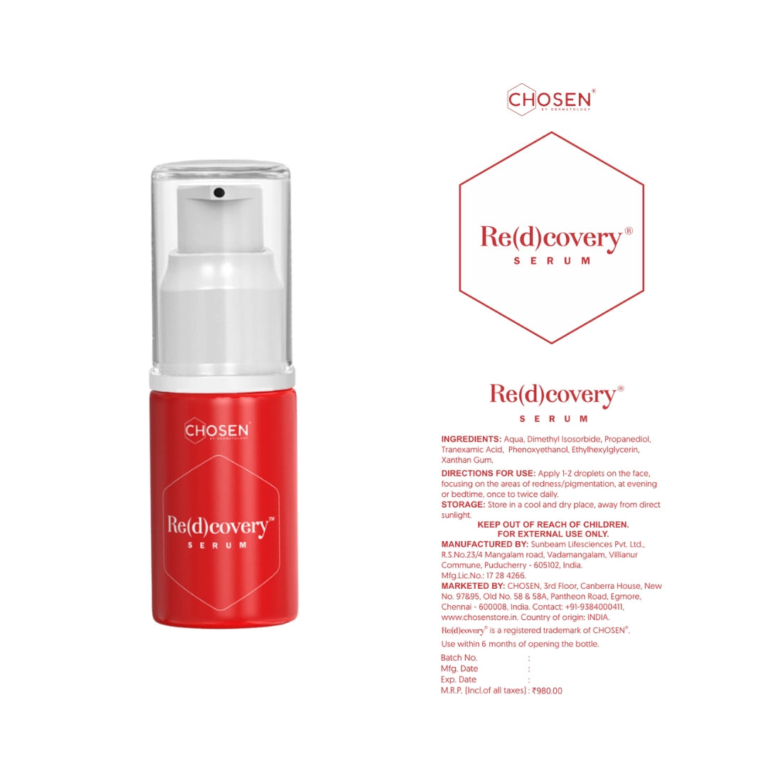 Redcovery serum bottle with label on a white background