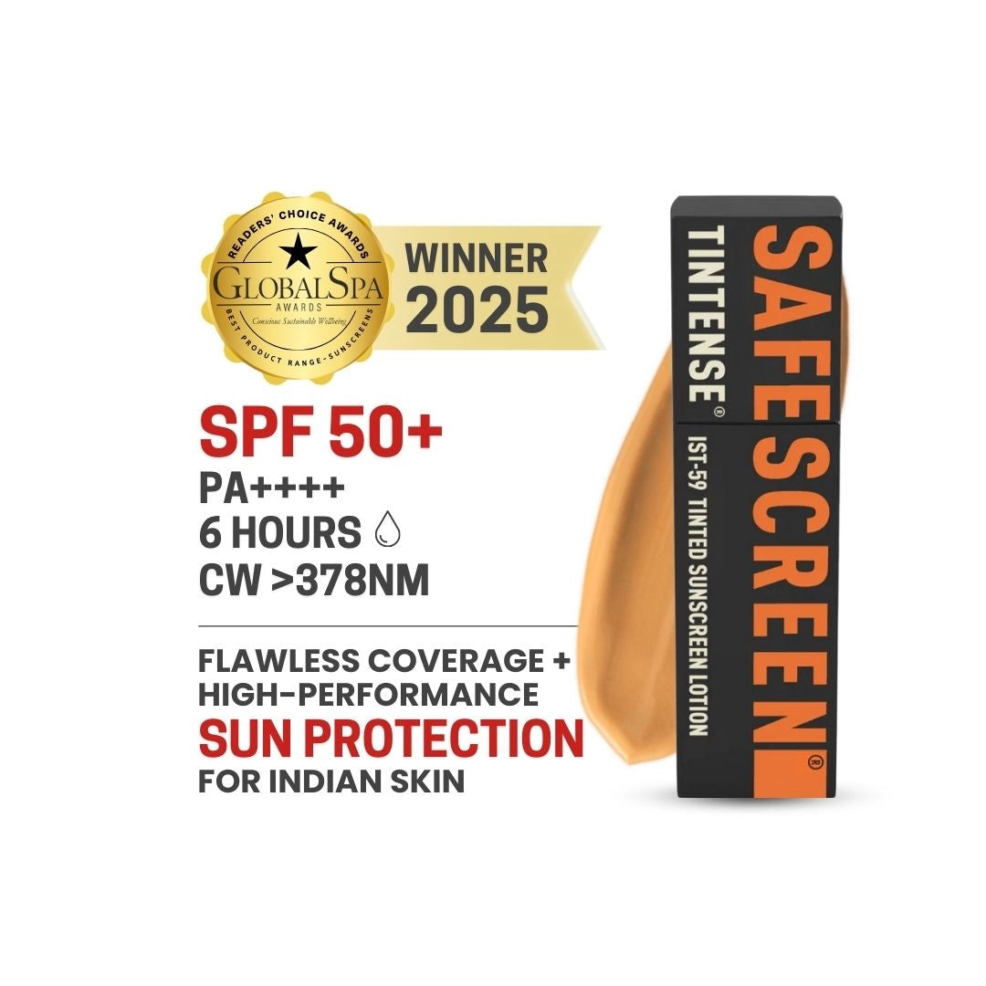 Beige tinted sunscreen bottle with swatch