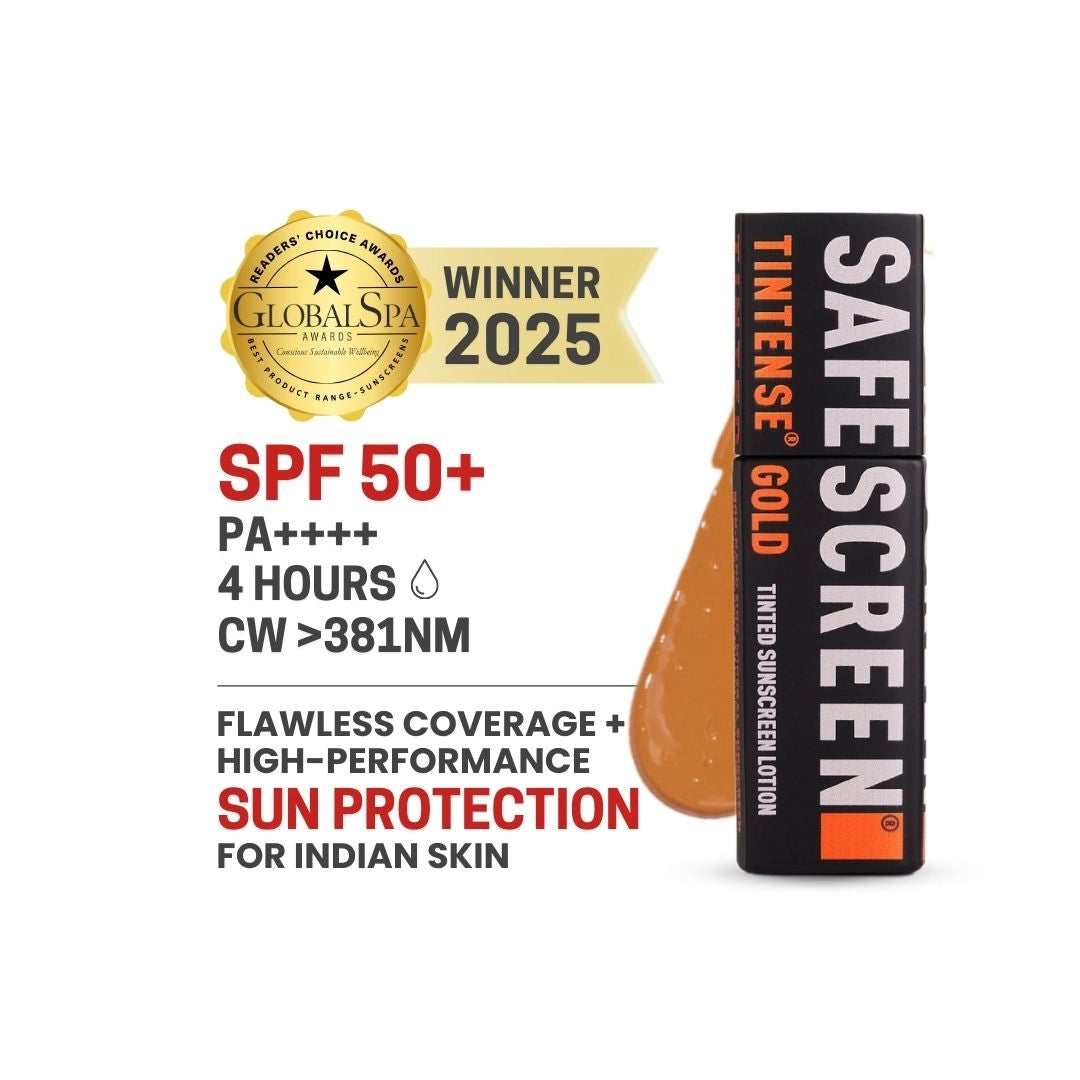 Gold tinted sunscreen bottle with swatch