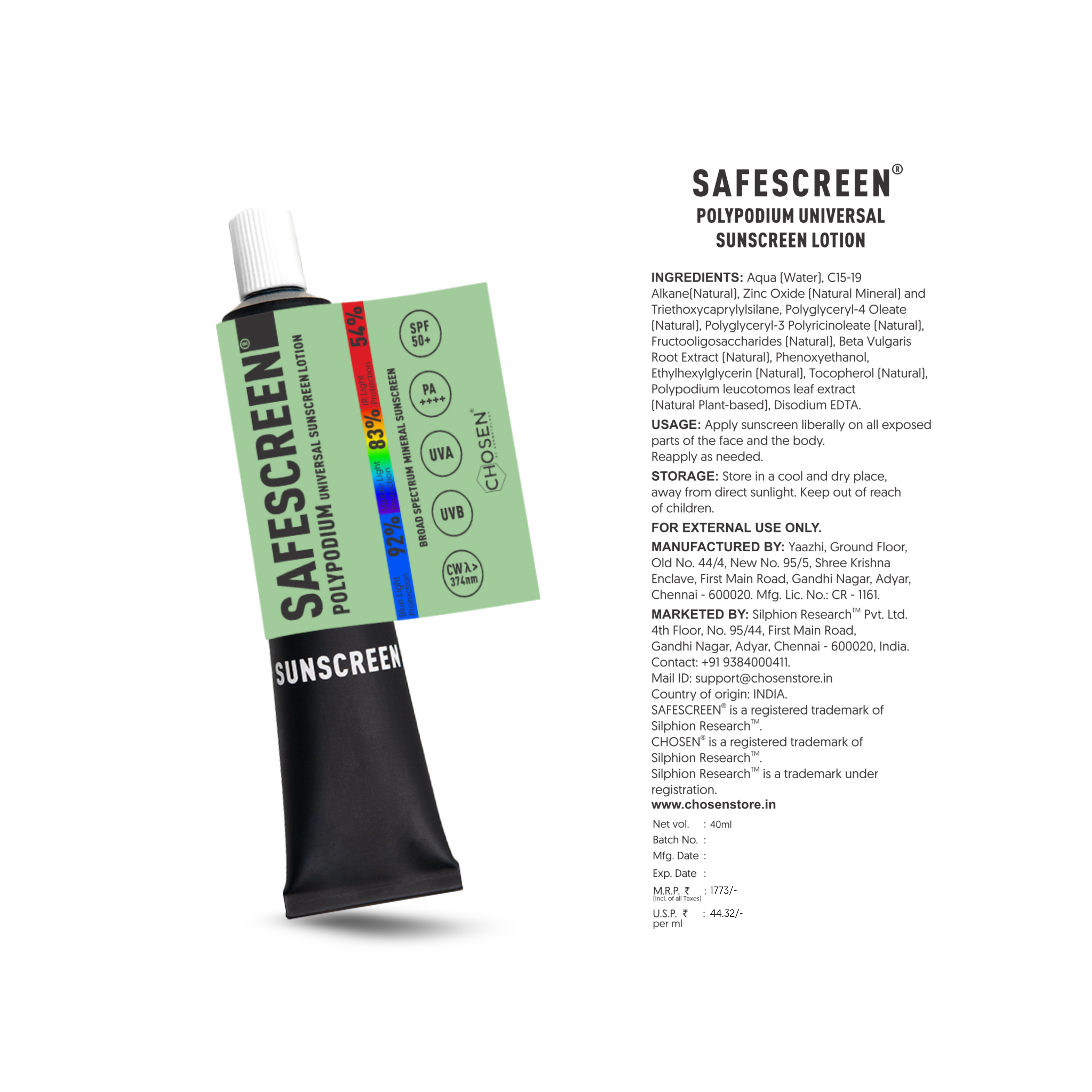 SAFESCREEN® Polypodium Universal Sunscreen Lotion SPF 50+
