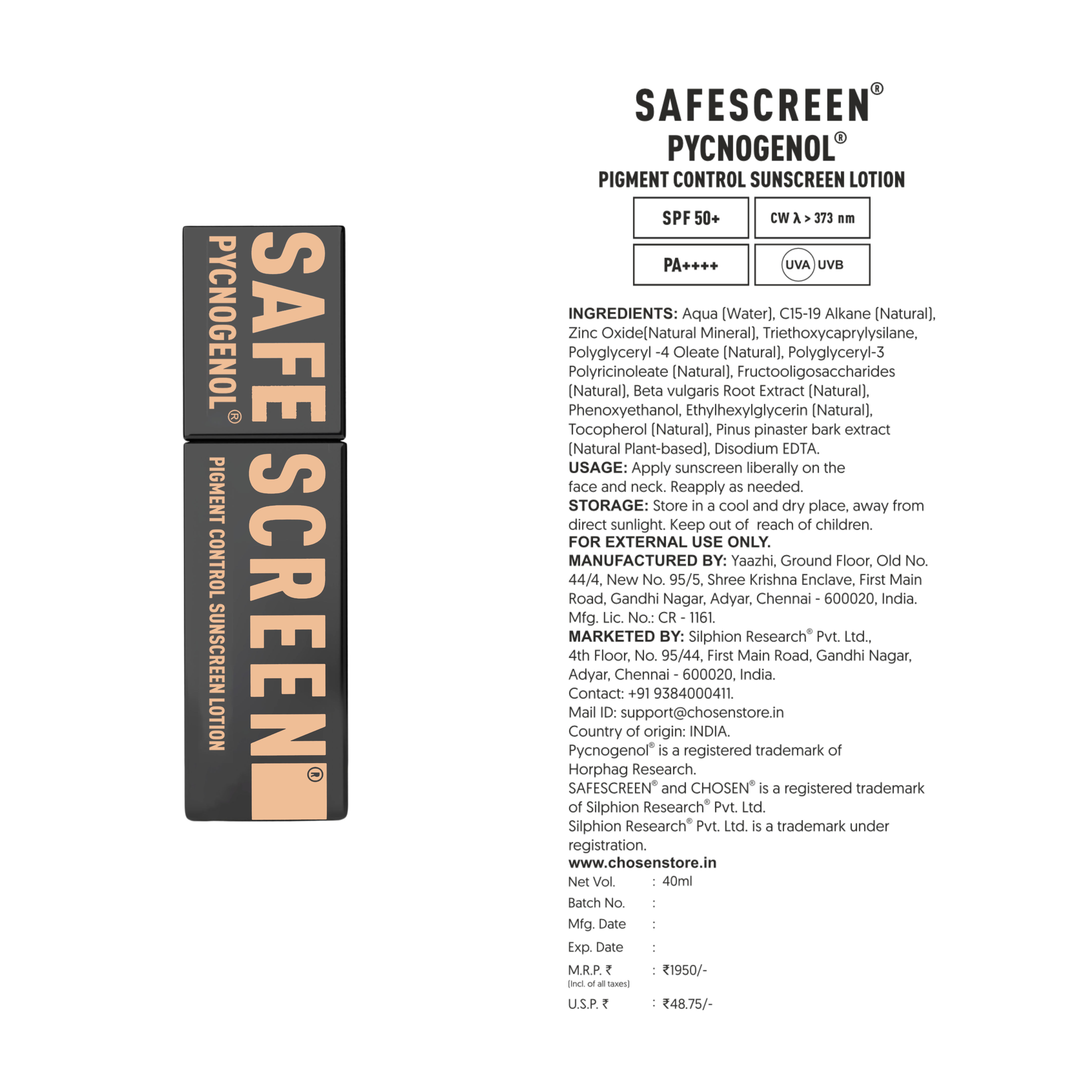 SAFESCREEN® Pycnogenol® Pigment Control Sunscreen Lotion SPF 50+