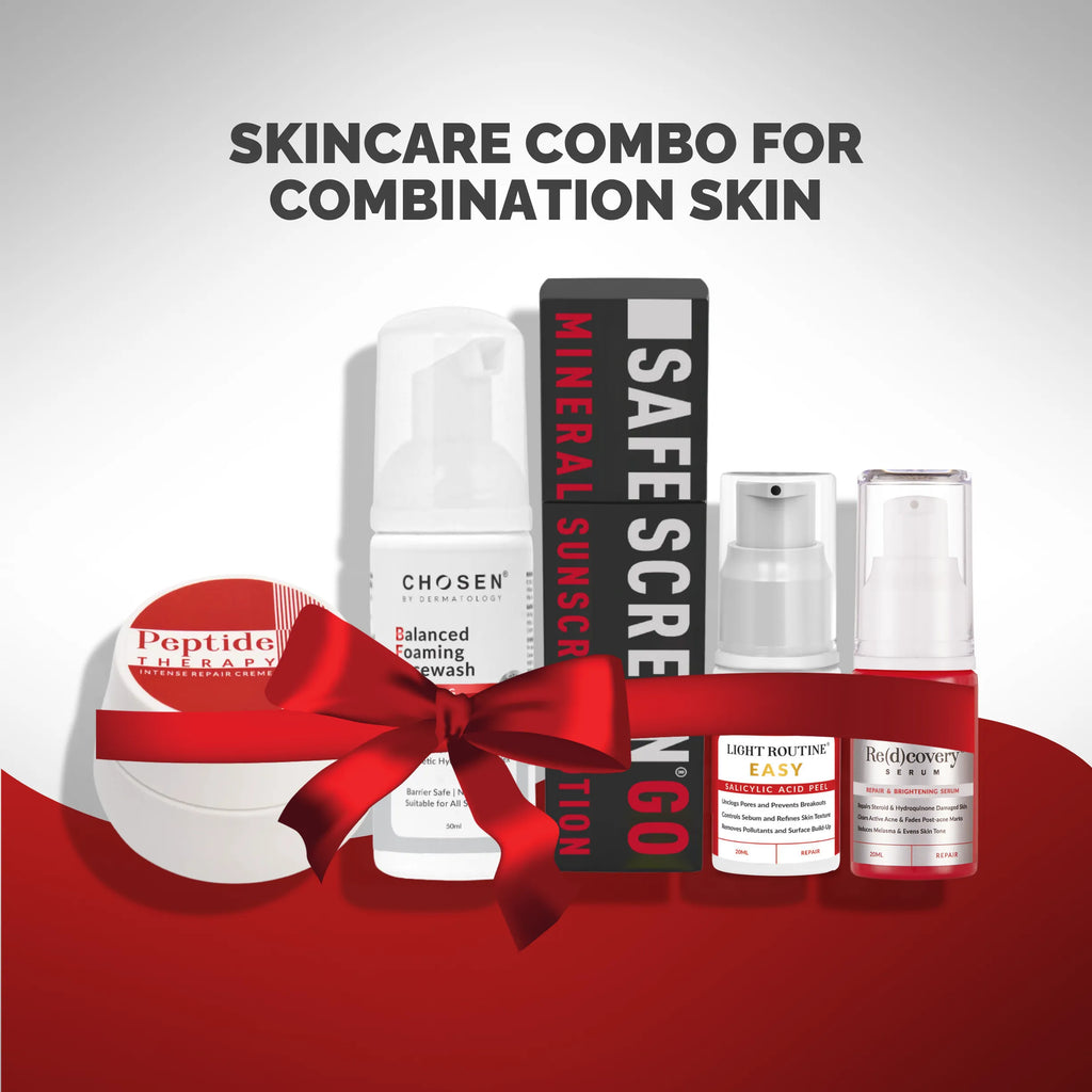 Skincare combo for combination skin with various products on a white background