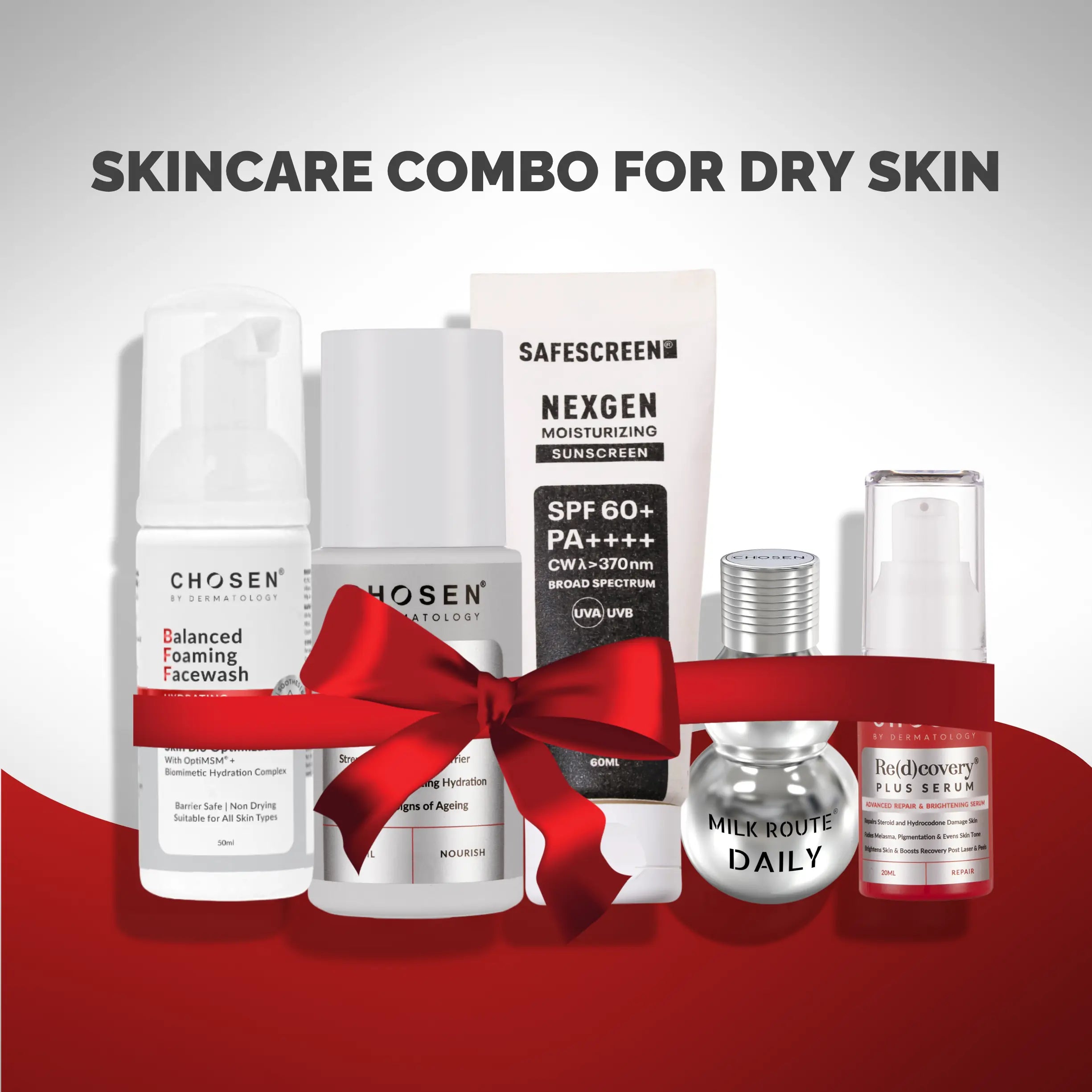 Skincare Combo for Dry Skin with variou products in white background