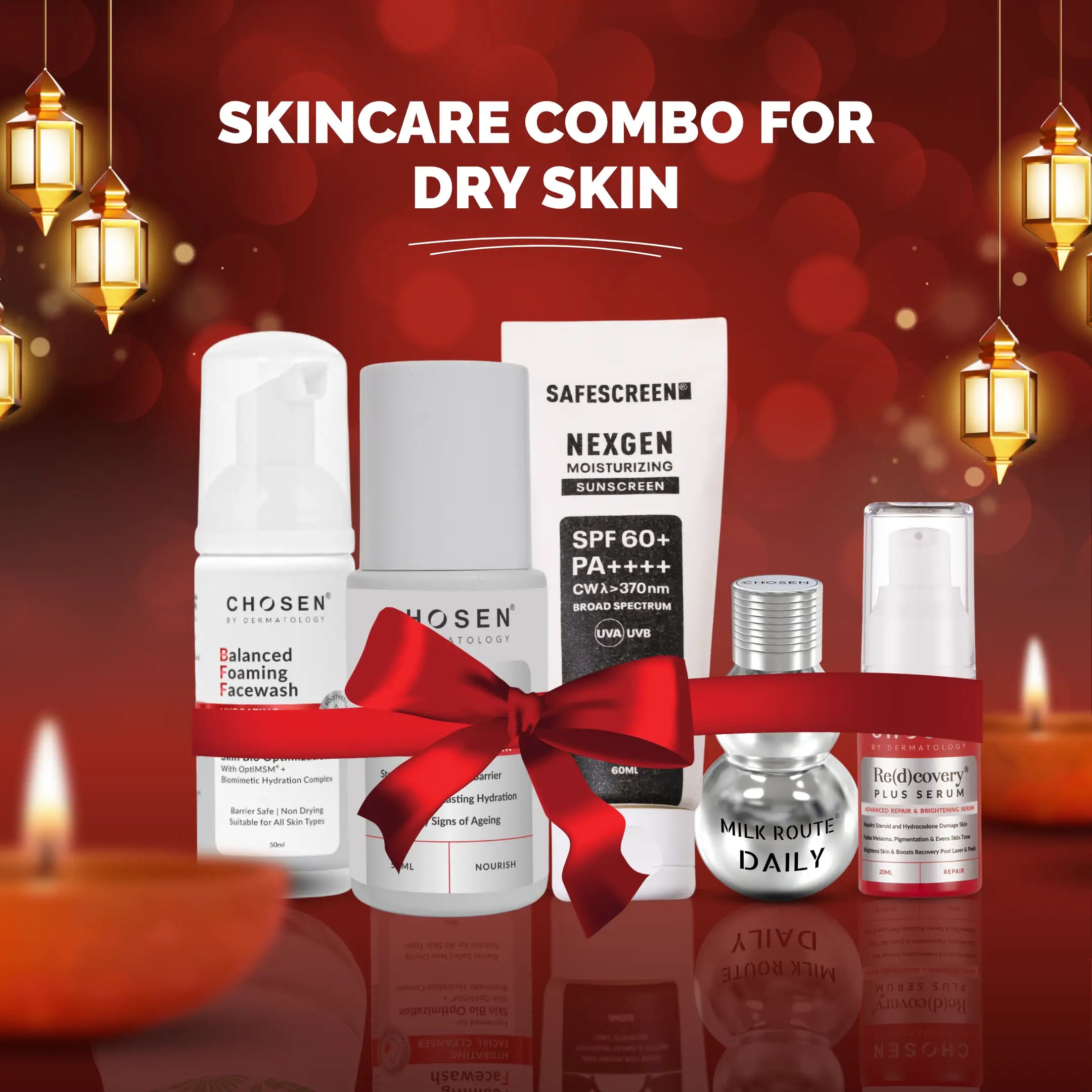 Skincare Combo for Dry Skin with variou products in white background
