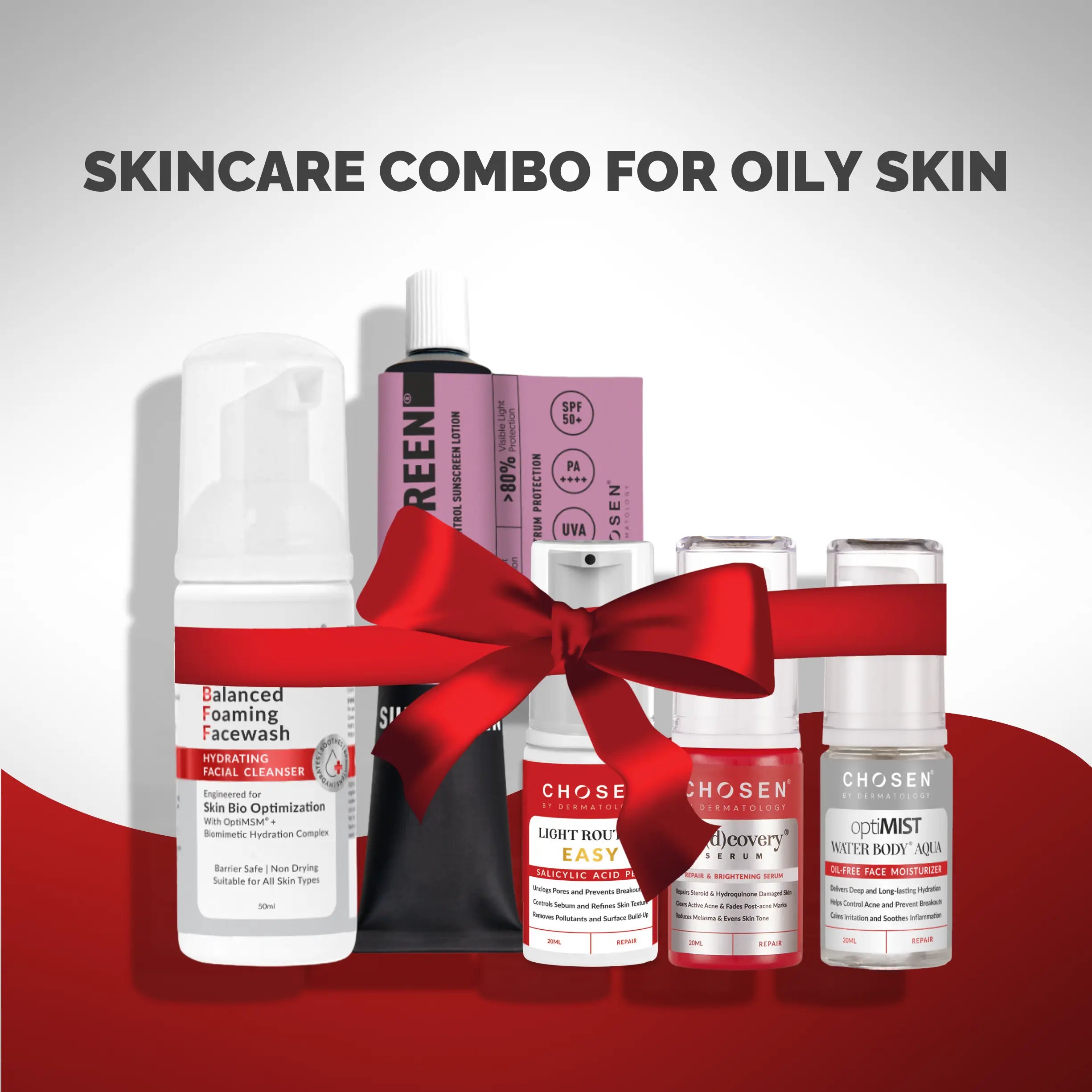 Skincare combo for oily skin with various products on a white background