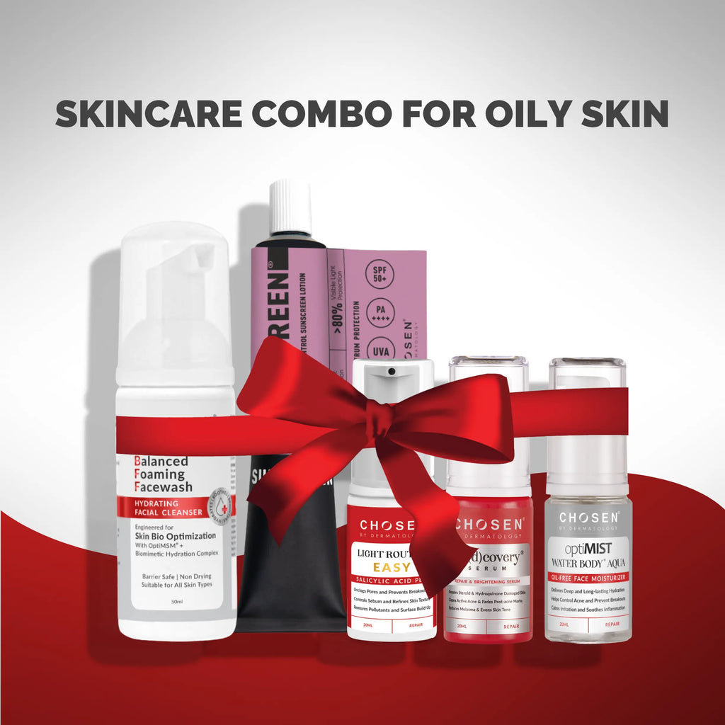 Skincare combo for oily skin with various products on a white background