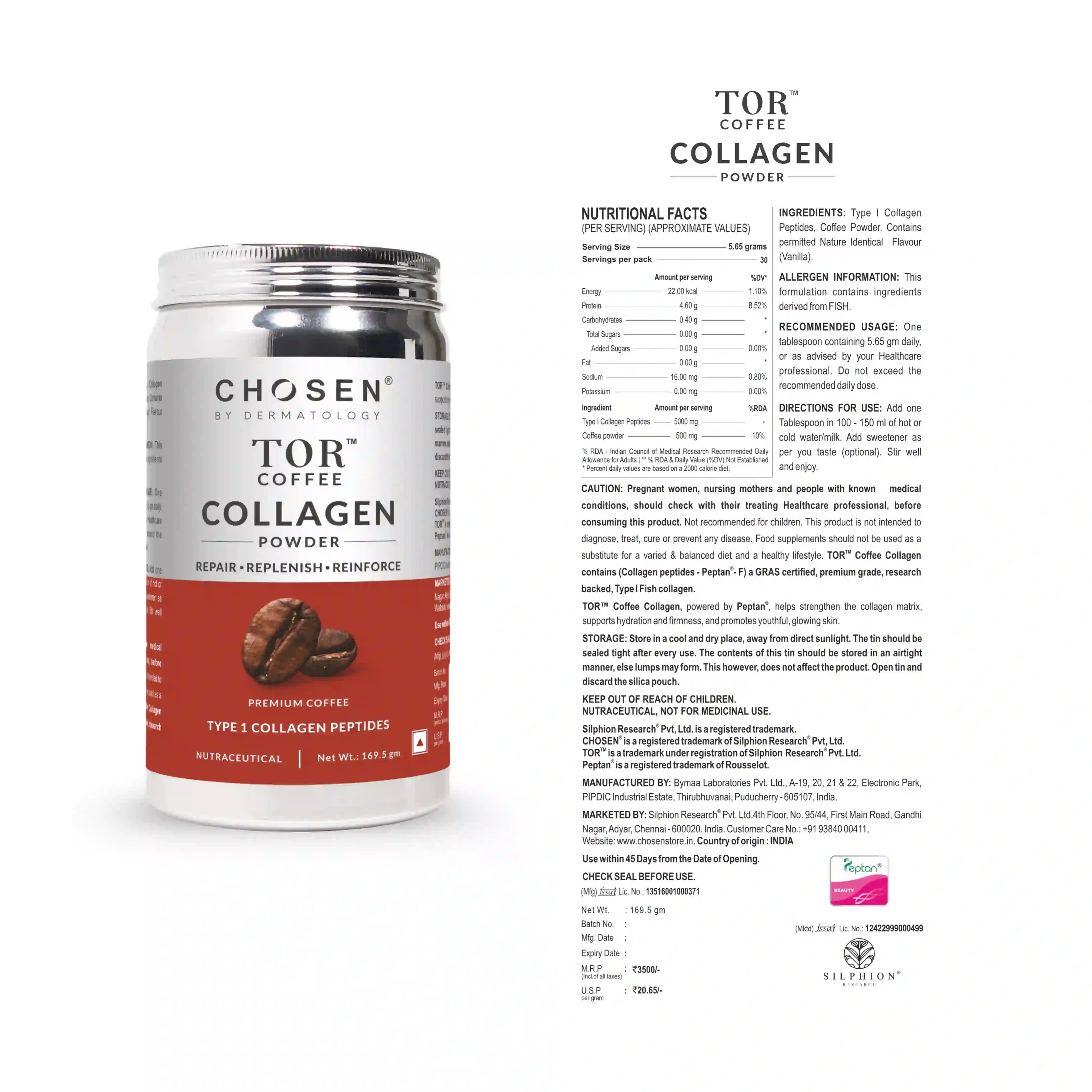 TOR Coffee-Flavored Marine Collagen Powder tin with detailed label showing ingredients, nutritional facts, usage directions, and product benefits for daily skin and joint support.