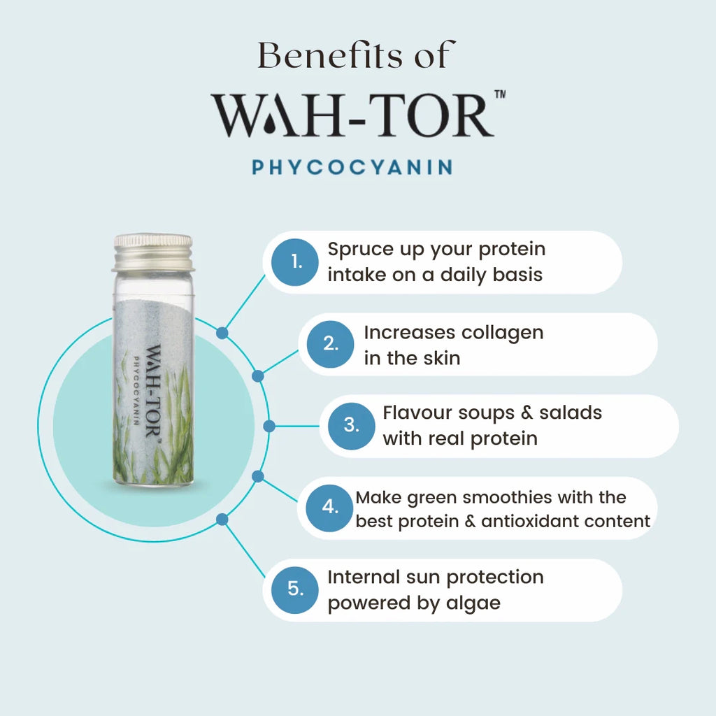 Benefits of blue spirulina powder highlighted in image