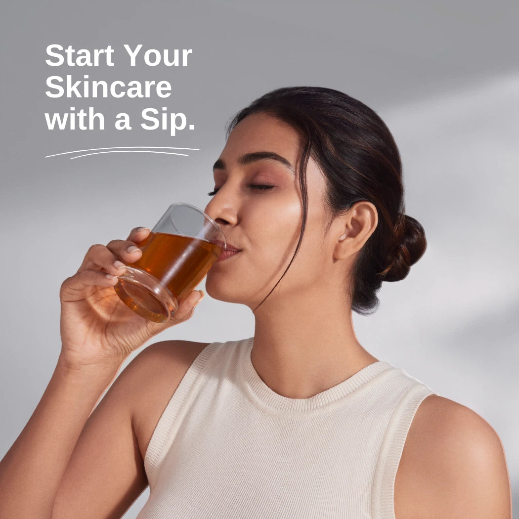 Young woman drinking coffee collagen supplement