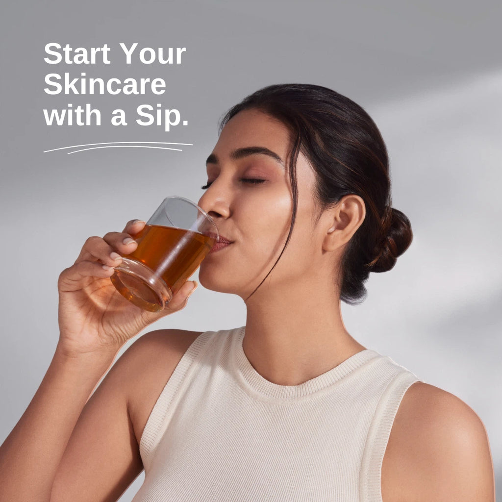 Young woman drinking coffee collagen supplement