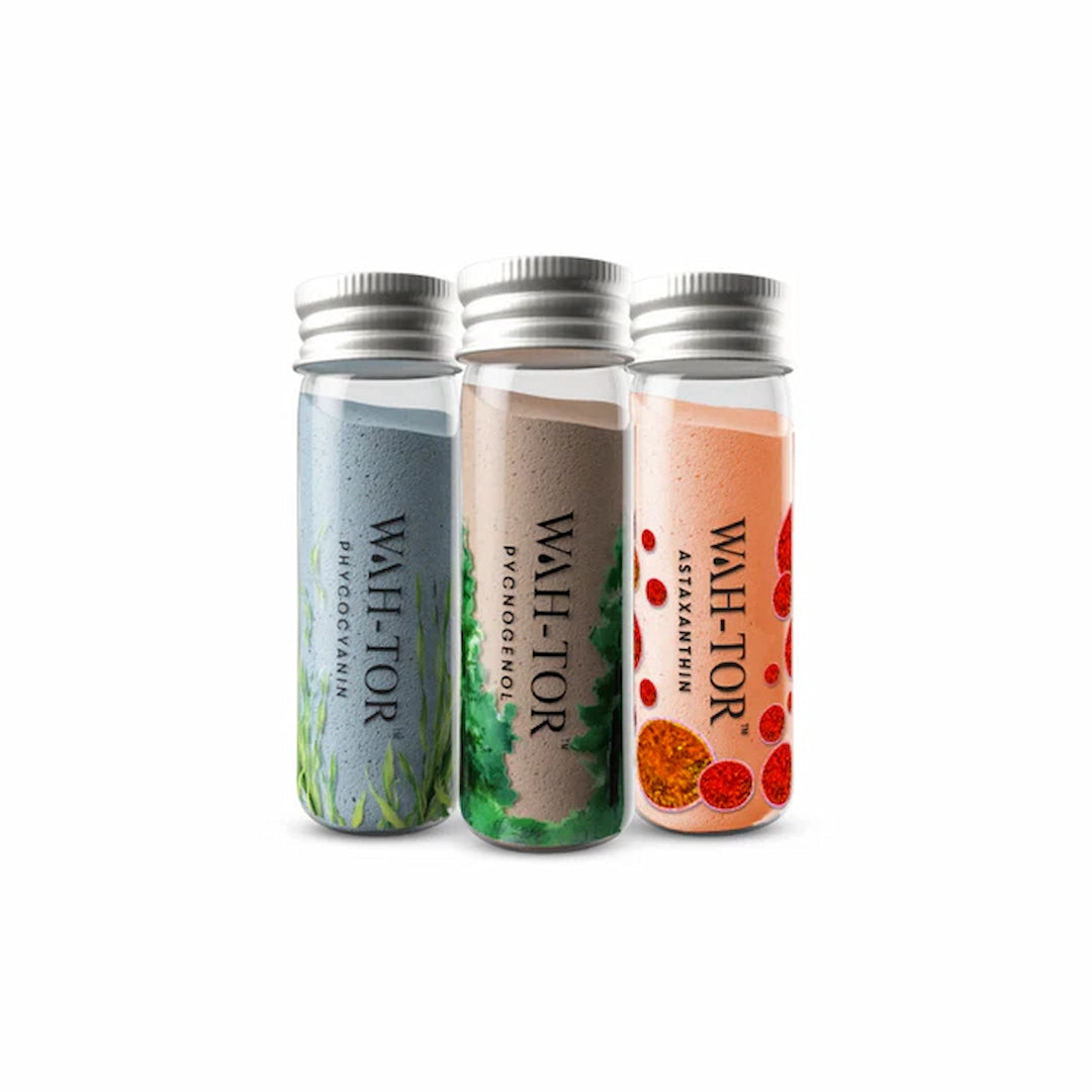 Three bottles of vegan collagen powders - Phycocyanin, Pycnogenol, and Astaxanthin