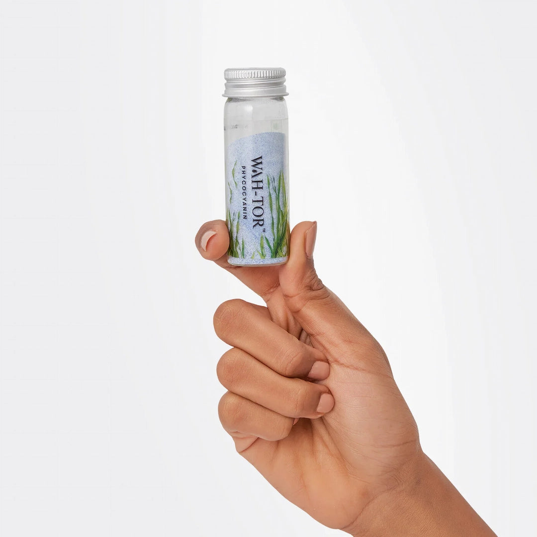 Hand holding a bottle of vegan collagen Phycocyanin supplement