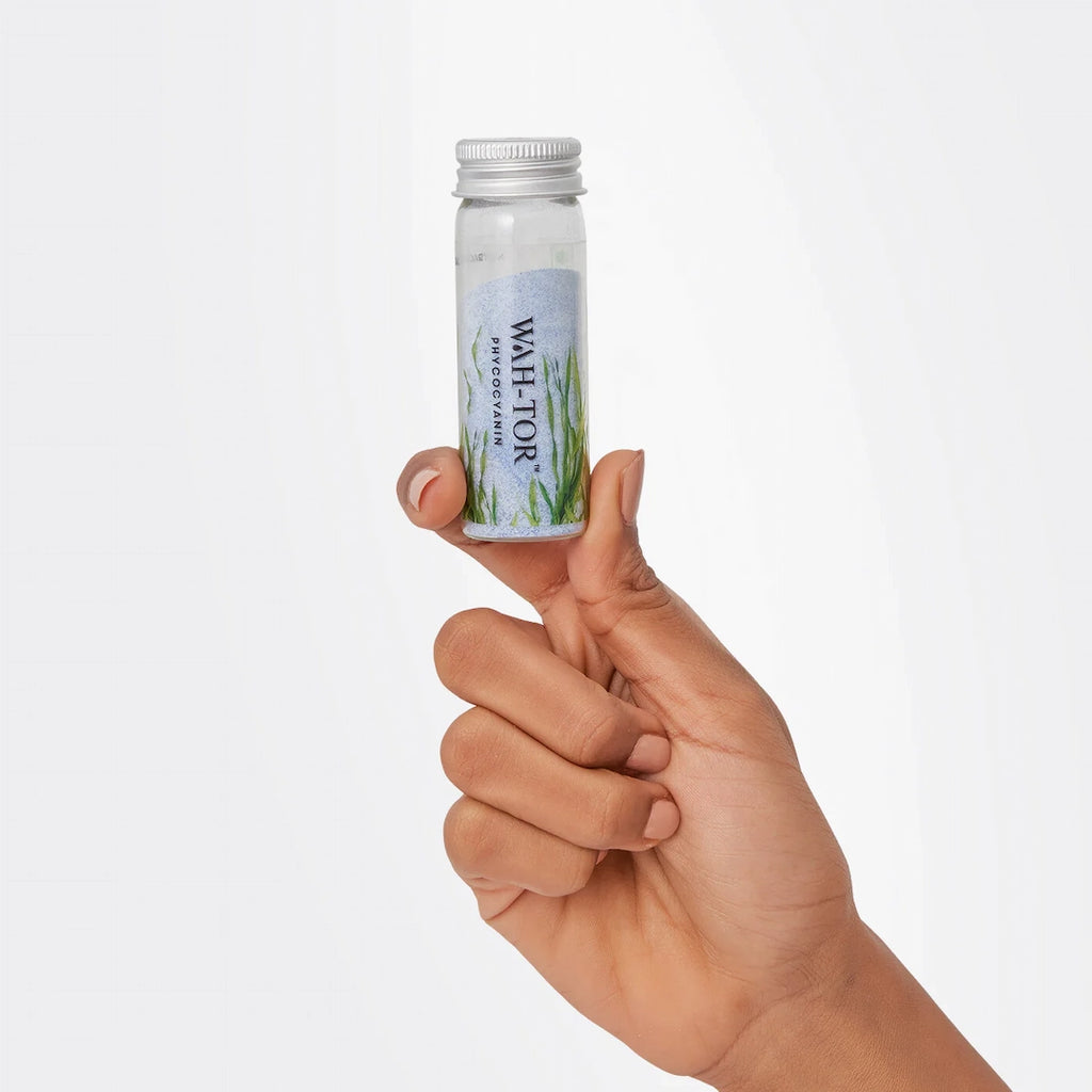 Hand holding a bottle of vegan collagen Phycocyanin supplement