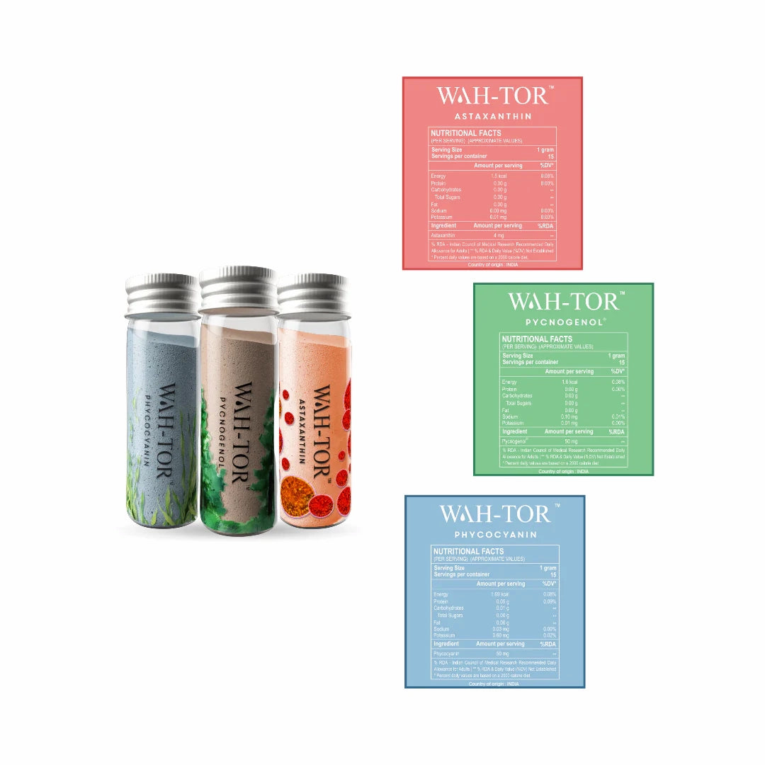 One bottle of each Wah Tor plant-based collagen powder with labels