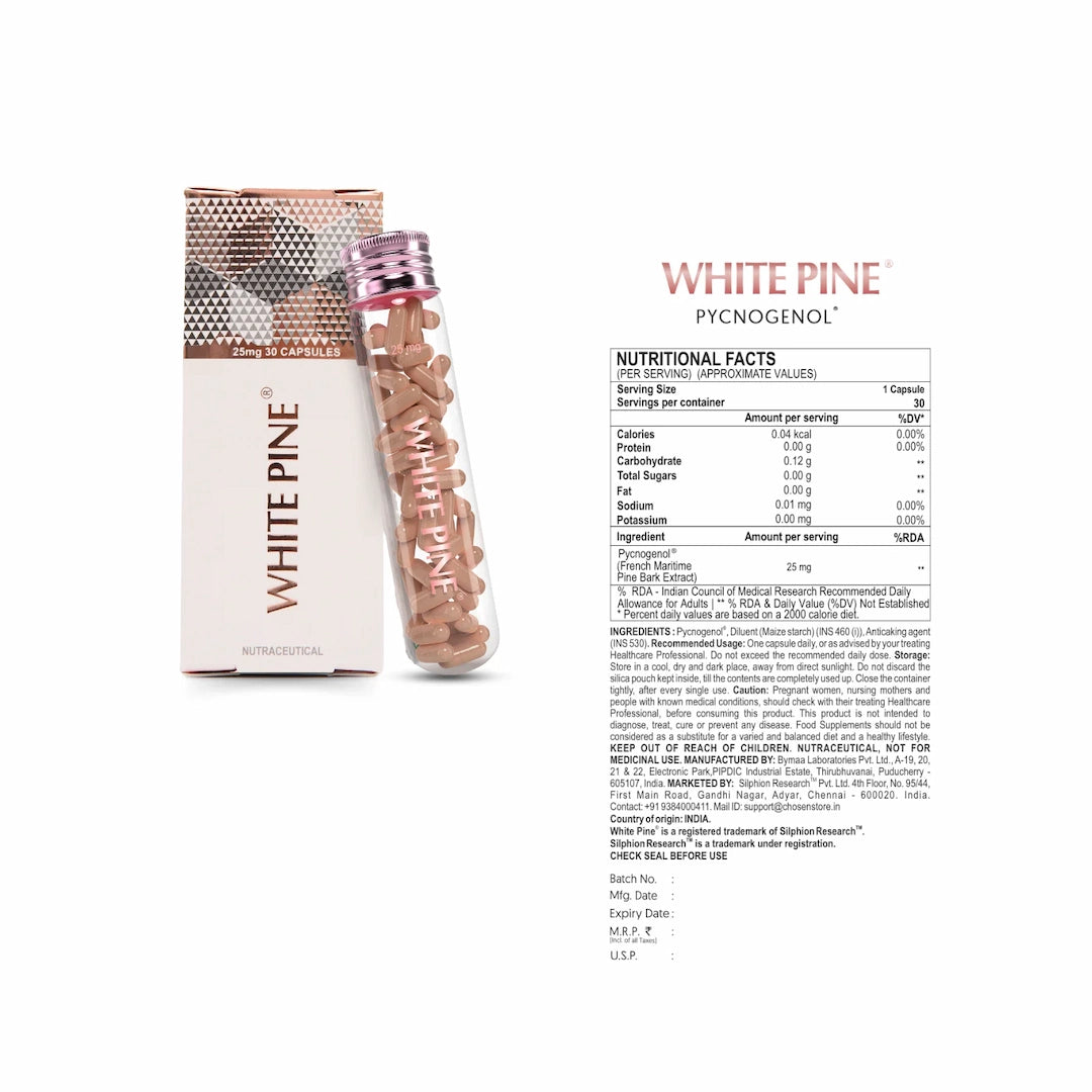 White Pine Pycnogenol 25mg carton and product bottle on the left with label on the right