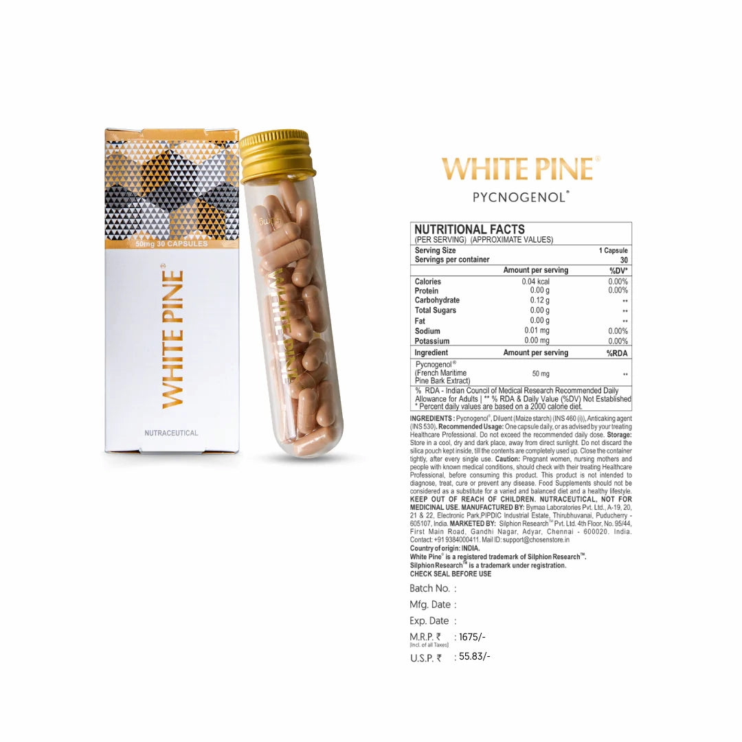 White Pine Pycnogenol 50mg carton and product bottle on the left with label on the right