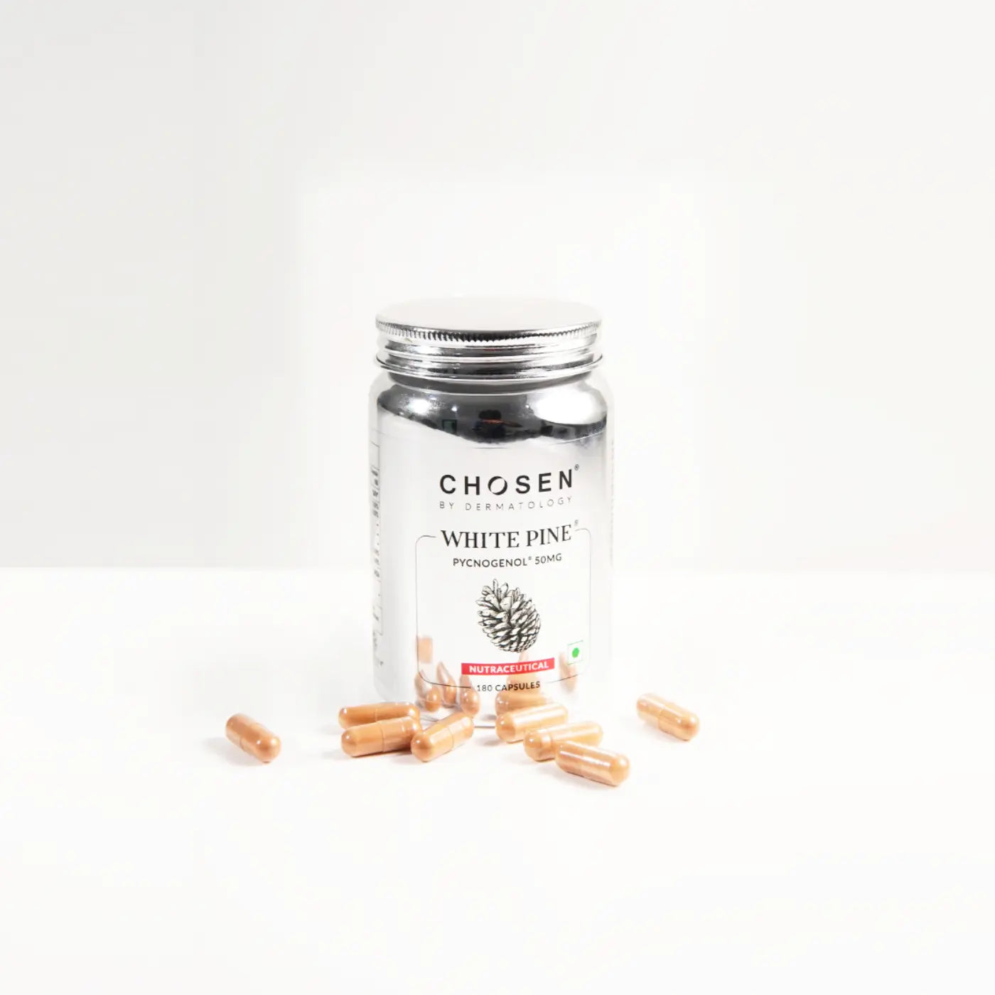 White Pine Pycnogenol tin standing with tablets placed around for hair health