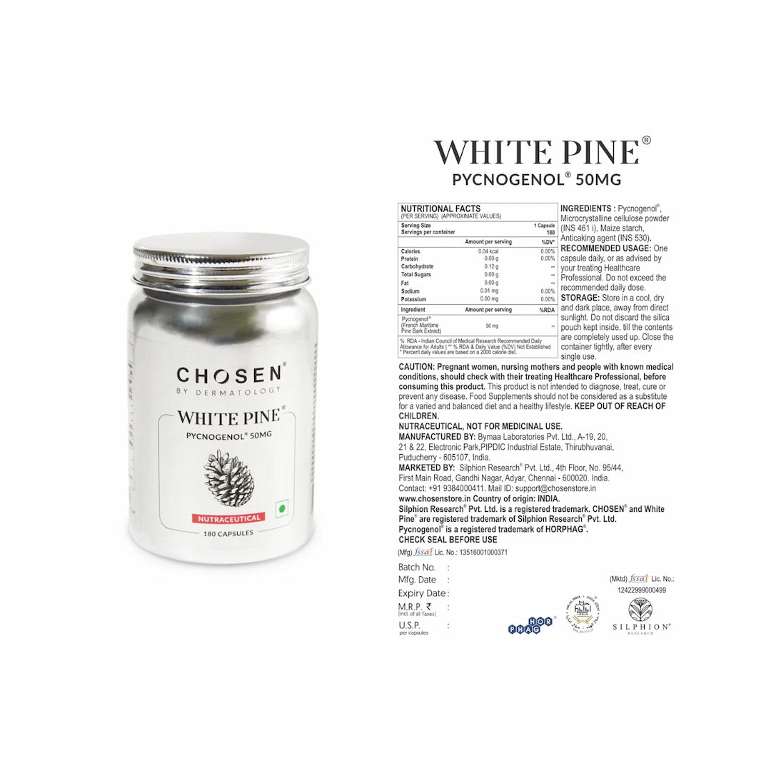 White Pine Pycnogenol skin supplement tin on the left with label on the right